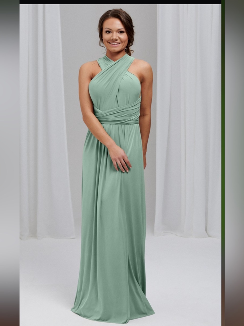 David's Bridal Sage Green Wrap-Style Halter Maxi Dress